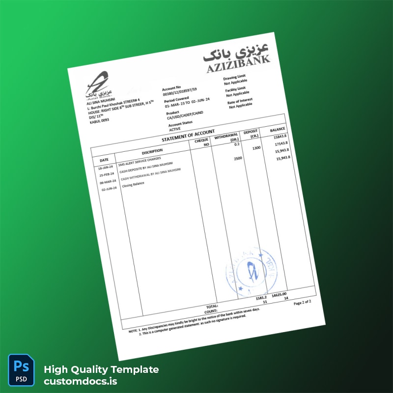 Afghanistan Azizi Bank Statement Template in Word and PDF formats page 2