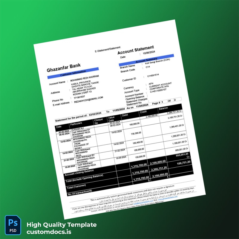 Afghanistan Ghazanfar Bank Statement Template in Word and PDF formats
