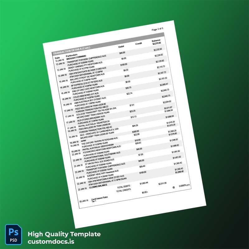 Australia Bankwest Bank Statement Template in Word and PDF formats page 2