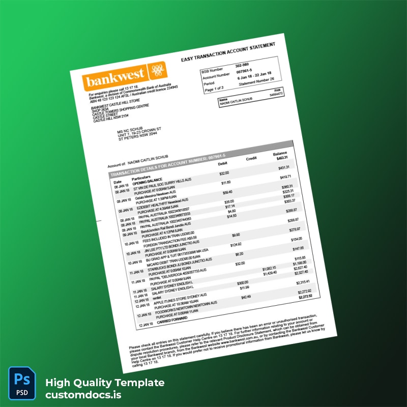 Australia Bankwest Bank Statement Template in Word and PDF formats