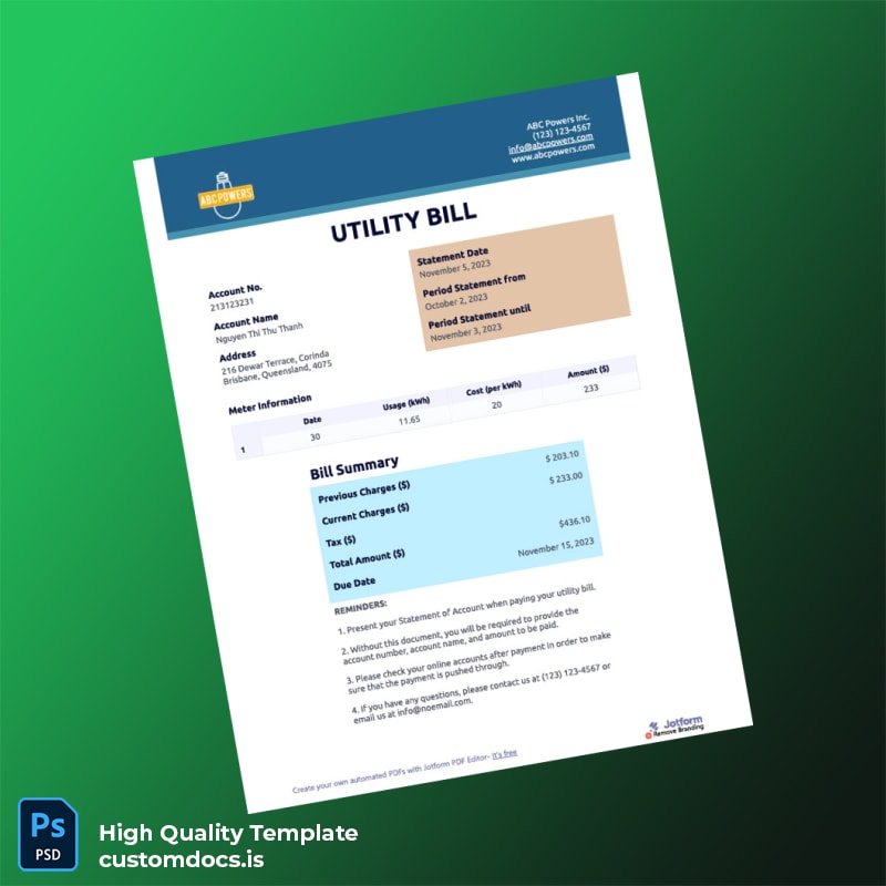 Australia Jotform Editable Utility Bill Template in Word and PDF formats
