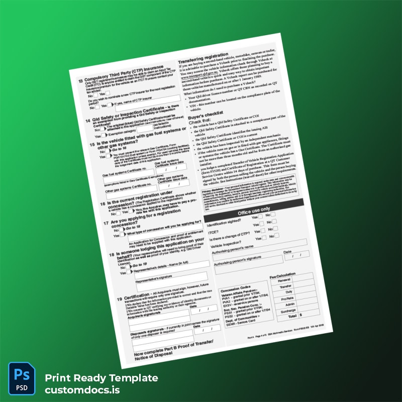 Custom Australia Queensland Vehicle Registration Transfer Application Template in Word and PDF formats page 4 File Preview - CustomDocs