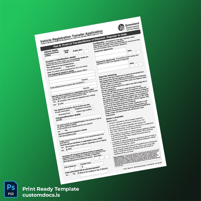 Custom Australia Queensland Vehicle Registration Transfer Application Template in Word and PDF formats page 5 File Preview - CustomDocs