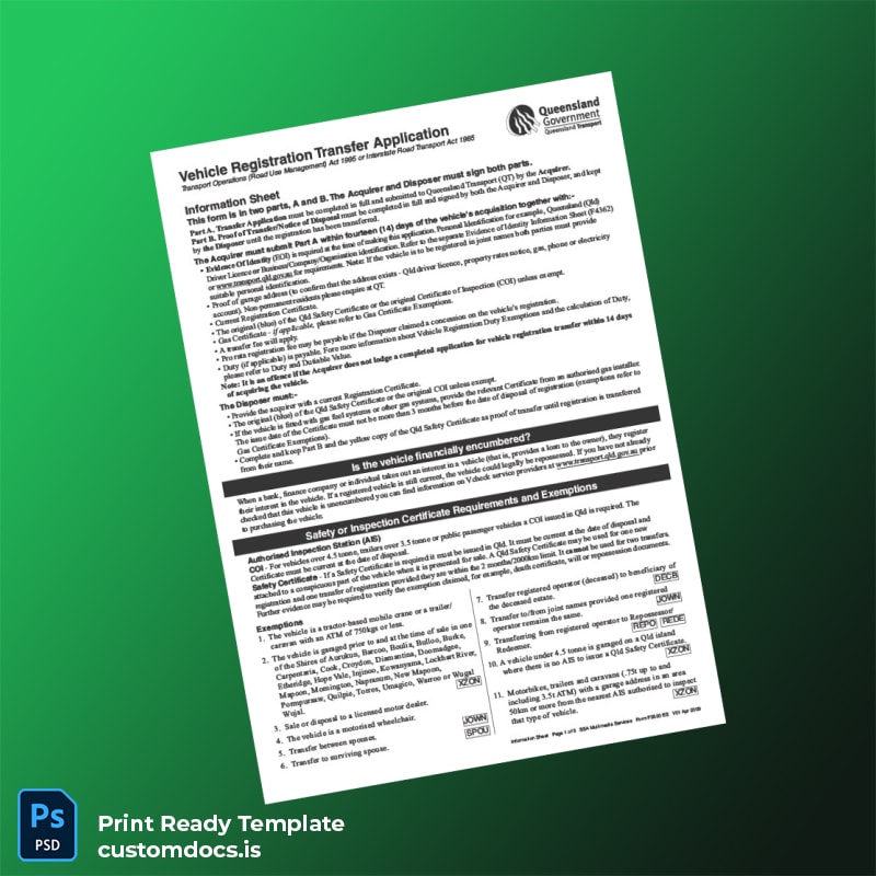 custom Australia Queensland Vehicle Registration Transfer Application Template - Word & PDF File Preview - CustomDocs