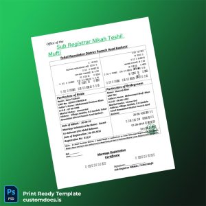 custom Azad Kashmir Sub Registrar Nikah Teshil Marriage Registration Certificate Template - Word & PDF File Preview - CustomDocs