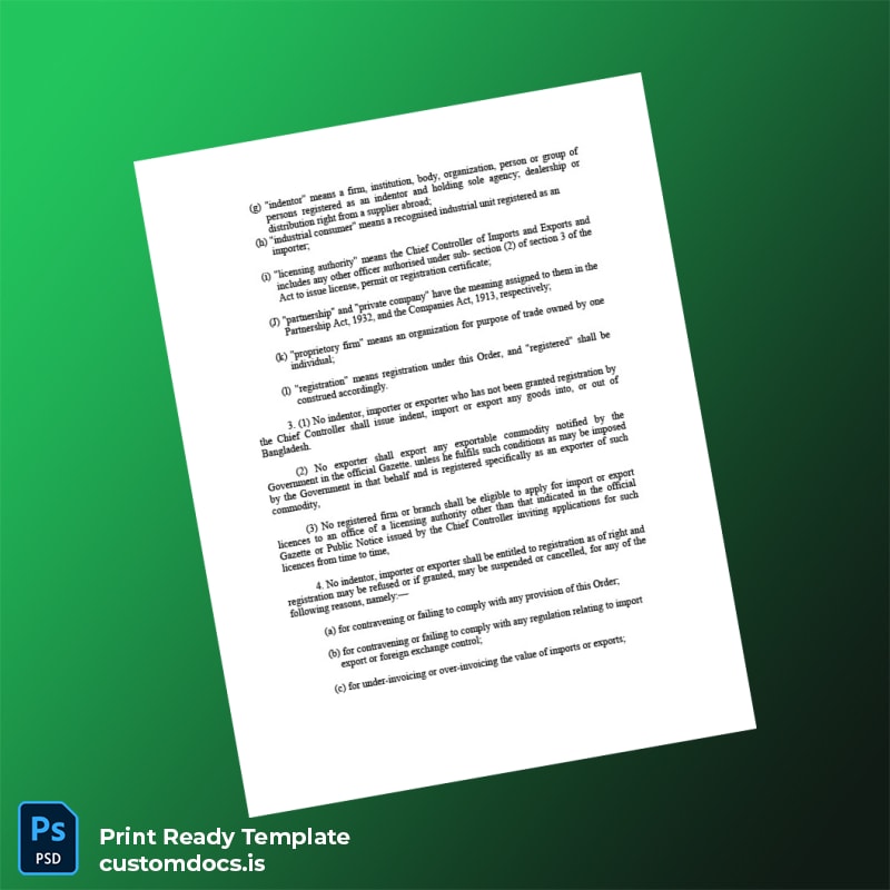 Custom Bangladesh Chief Controller of Imports and Exports Business Registration Certificate Template in Word and PDF formats page 2 File Preview - CustomDocs