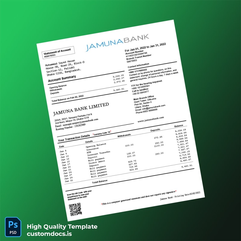 Bangladesh Jamuna Bank Statement Template in Word and PDF formats