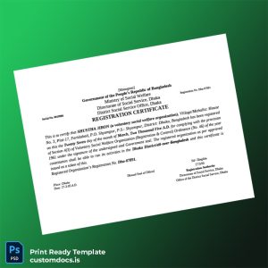 custom Bangladesh Ministry of Social Welfare Registration Certificate Template - Word & PDF File Preview - CustomDocs