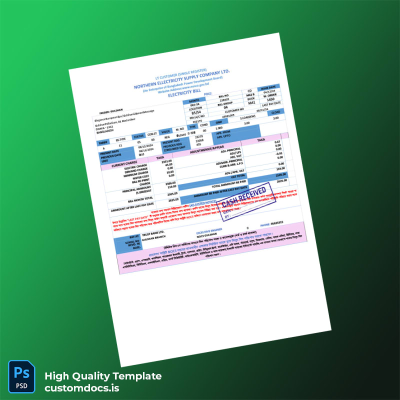 Bangladesh Northern Electricity Supply Company Ltd Editable Utility Bill Template in Word and PDF formats page 2