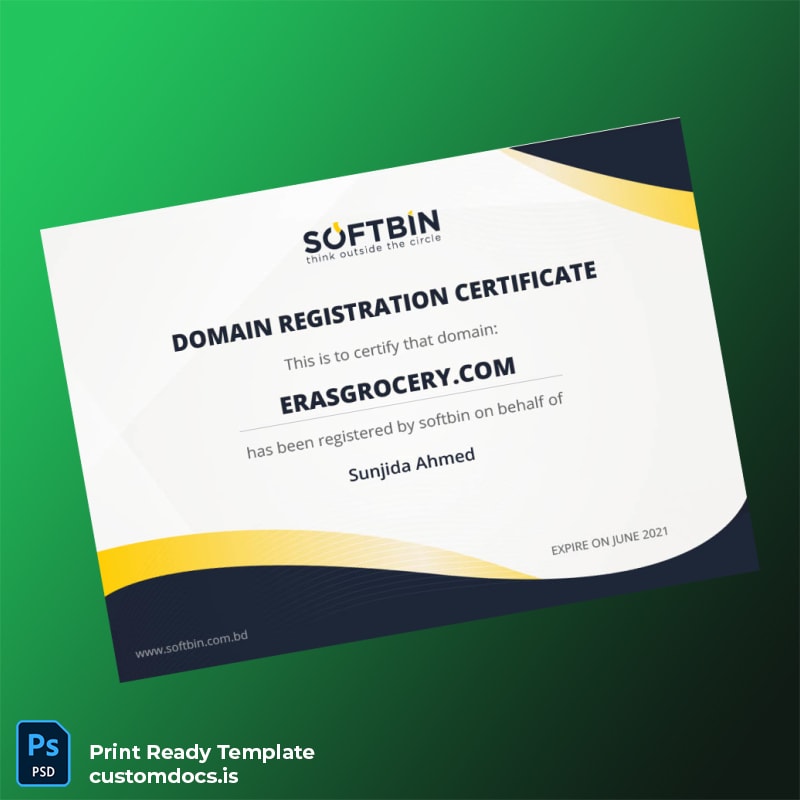 custom Bangladesh Softbin Domain Registration Certificate Template - Word & PDF File Preview - CustomDocs