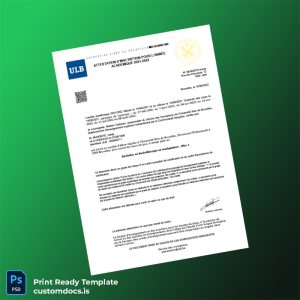 customizable Belgium Université libre de Bruxelles Registration Certificate Template - Word & PDF File Preview