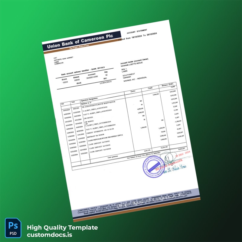 Cameroon Union Bank of Cameroon Plc Bank Statement Template in Word and PDF formats page 2