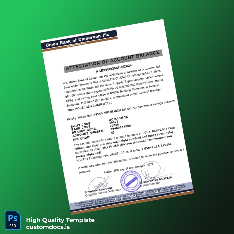 Cameroon Union Bank of Cameroon Plc Bank Statement Template in Word and PDF formats