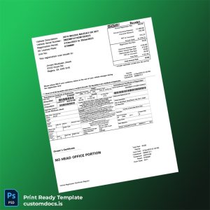 customizable Canada Saskatchewan Vehicle Registration Certificate Template - Word & PDF File Preview