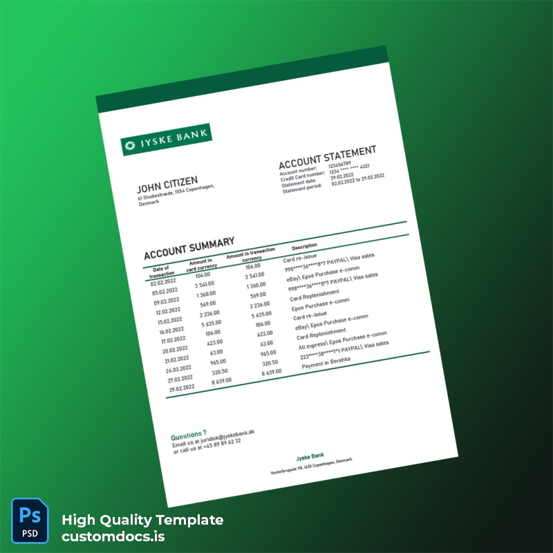 Denmark Jyske Bank Credit Card Statement Template in Word and PDF formats