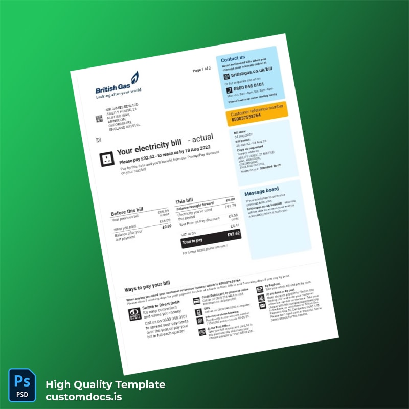 England British Gas Trading Ltd Editable Electricity Bill Template in Word and PDF formats