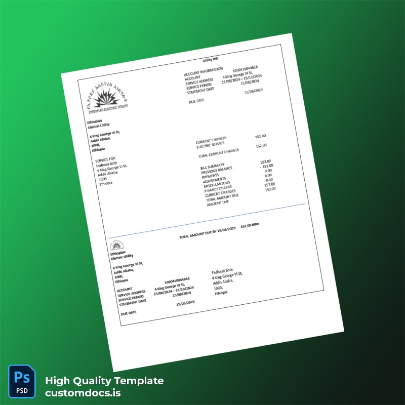 Ethiopia Ethiopian Electric Utility Editable Electricity Bill Template in Word and PDF formats