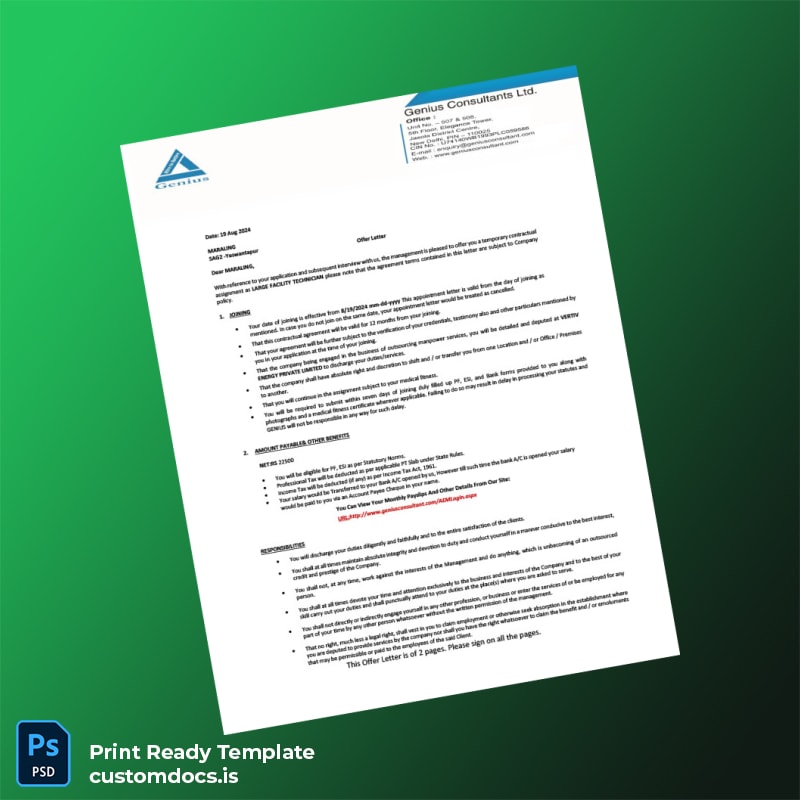 custom Genius Consultants Ltd Employment Verification Letter Template - Word & PDF File Preview - CustomDocs