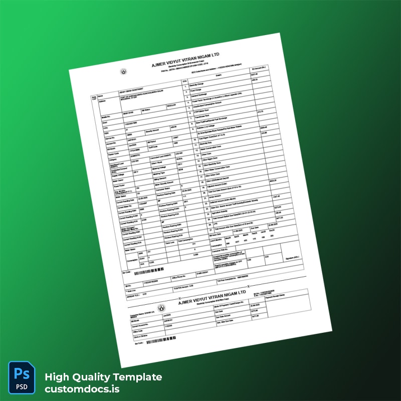 India AJMER VIDYUT VITRAN NIGAM LTD Editable Electricity Bill Template in Word and PDF formats