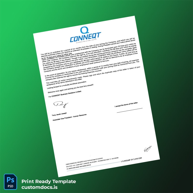 Custom India CONNEQT Business Solutions Limited Placement Letter Template in Word and PDF formats page 2 File Preview - CustomDocs