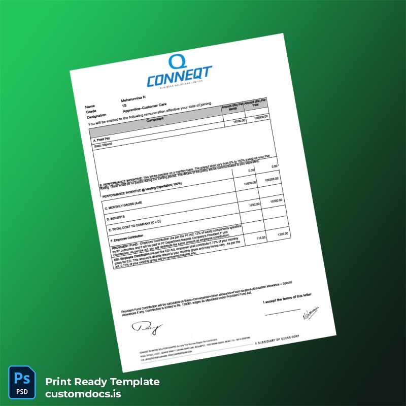 Custom India CONNEQT Business Solutions Limited Placement Letter Template in Word and PDF formats page 3 File Preview - CustomDocs