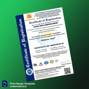 customizable India E-Max Education Registration Certificate Template - Word & PDF File Preview