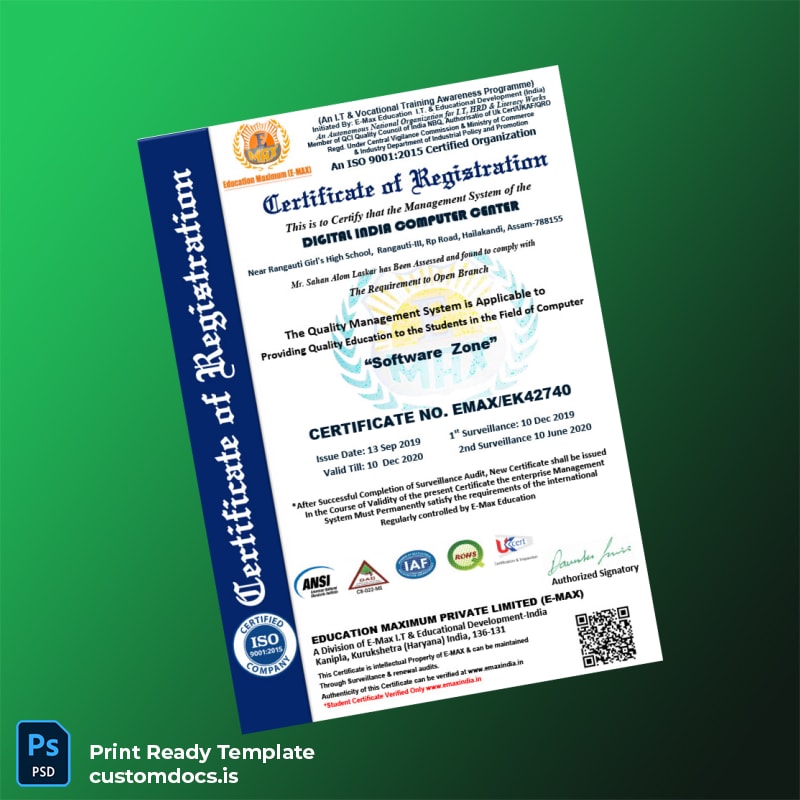 customizable India E-Max Education Registration Certificate Template - Word & PDF File Preview