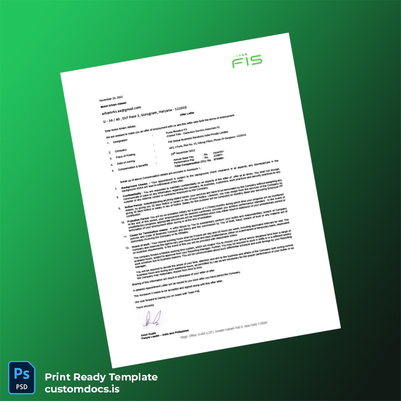 custom India FIS Global Business Solutions India Private Limited Employment Verification Letter Template - Word & PDF File Preview - CustomDocs