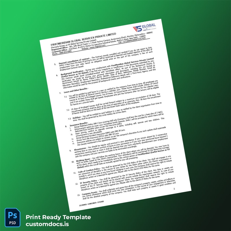 Custom India FirstMeridian Global Services Private Limited Employment Verification Letter Template in Word and PDF formats page 2 File Preview - CustomDocs