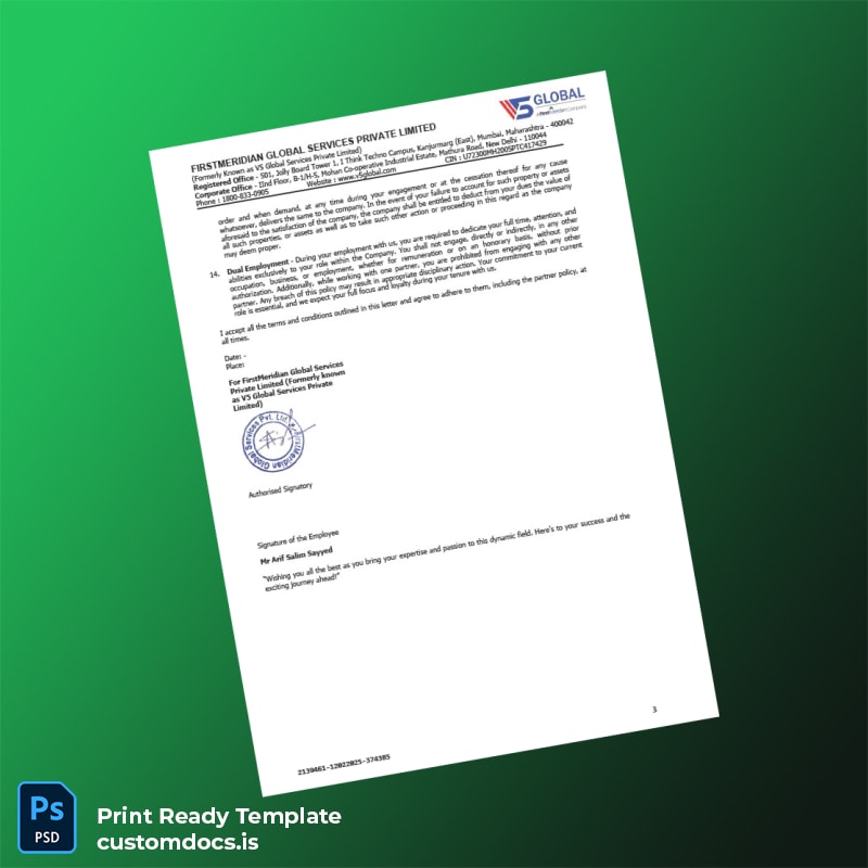 Custom India FirstMeridian Global Services Private Limited Employment Verification Letter Template in Word and PDF formats page 3 File Preview - CustomDocs