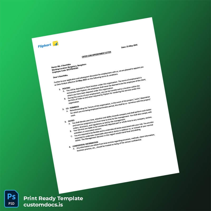 Custom India Flipkart Appointment Letter With Deputation Template in Word and PDF formats page 2 File Preview - CustomDocs