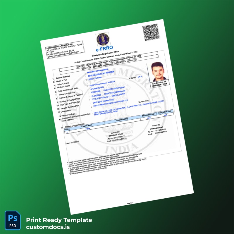 custom India Foreigners Registration Certificate Template - Word & PDF File Preview - CustomDocs