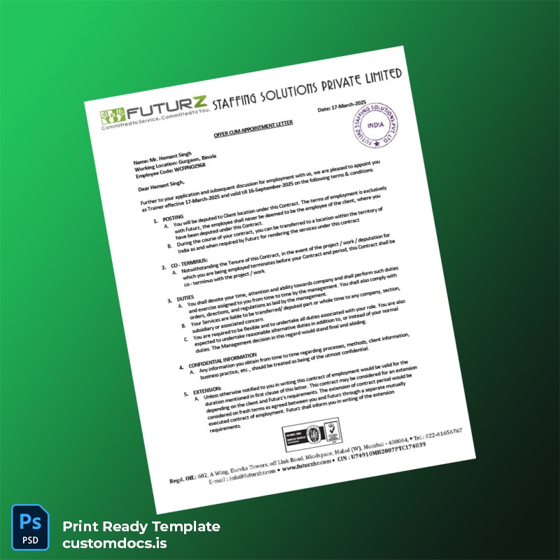 Custom India Futurz Staffing Solutions Pvt Ltd Appointment Letter With Deputation Template in Word and PDF formats page 2 File Preview - CustomDocs