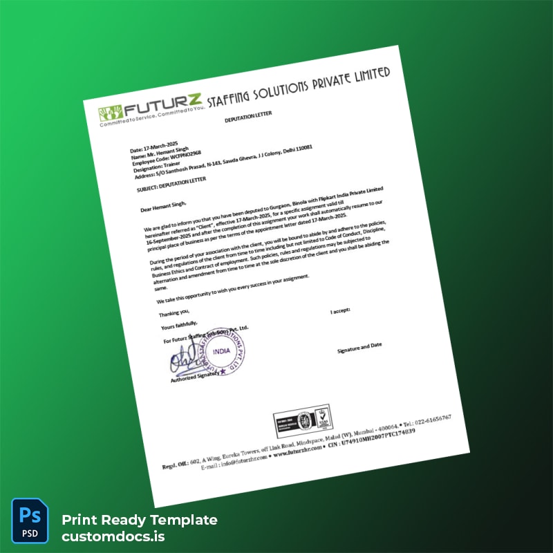 custom India Futurz Staffing Solutions Pvt Ltd Appointment Letter With Deputation Template - Word & PDF File Preview - CustomDocs