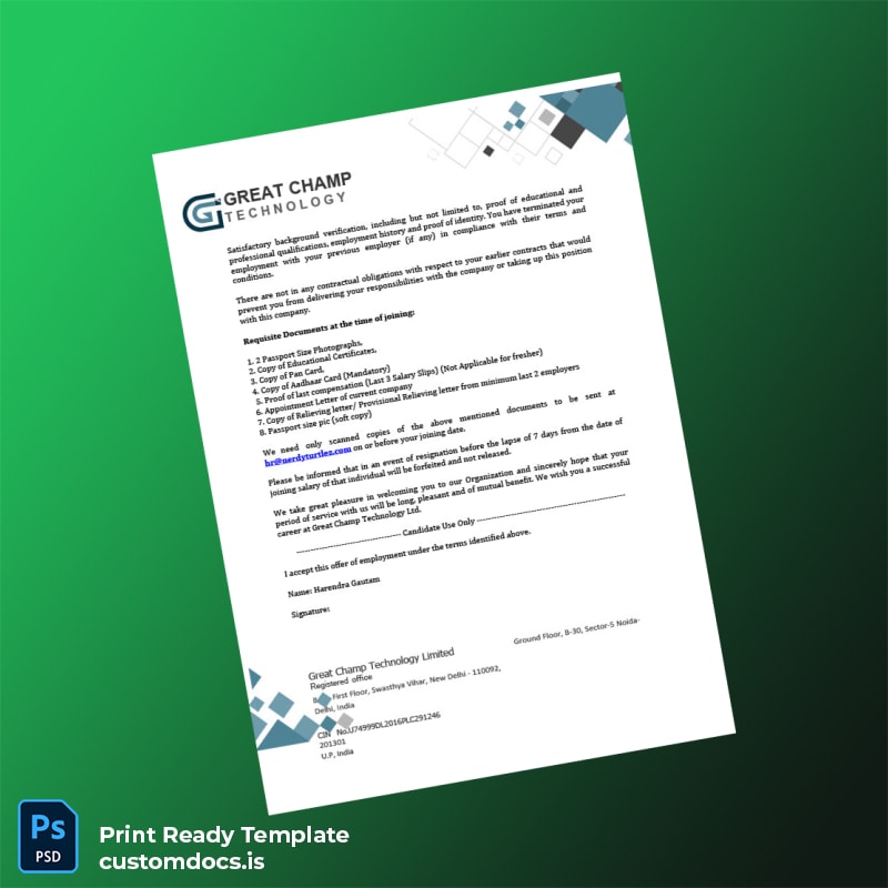 Custom India Great Champ Technology Ltd Employment Offer Letter Template in Word and PDF formats page 2 File Preview - CustomDocs