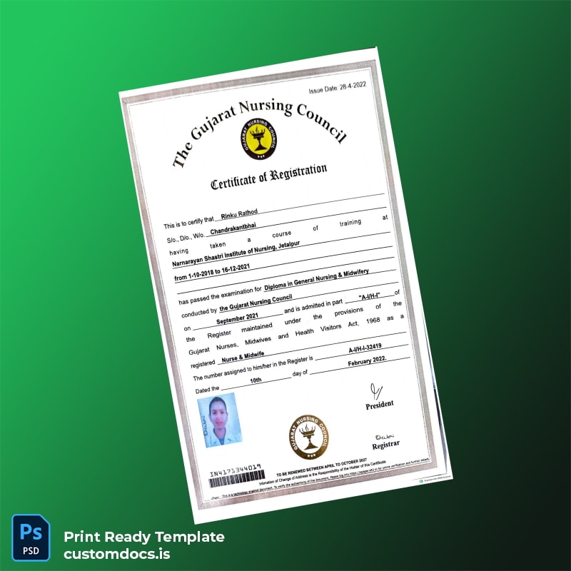 custom India Gujarat Nursing Council Registration Certificate Template - Word & PDF File Preview - CustomDocs