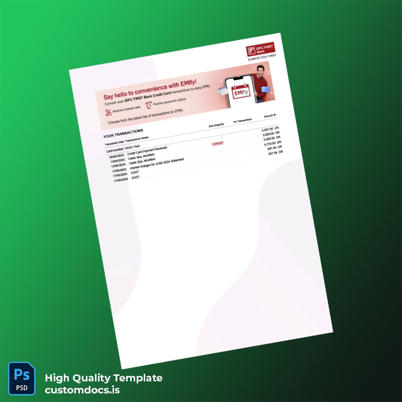 India IDFC FIRST Bank Editable Bank Statement Template in Word and PDF formats page 2