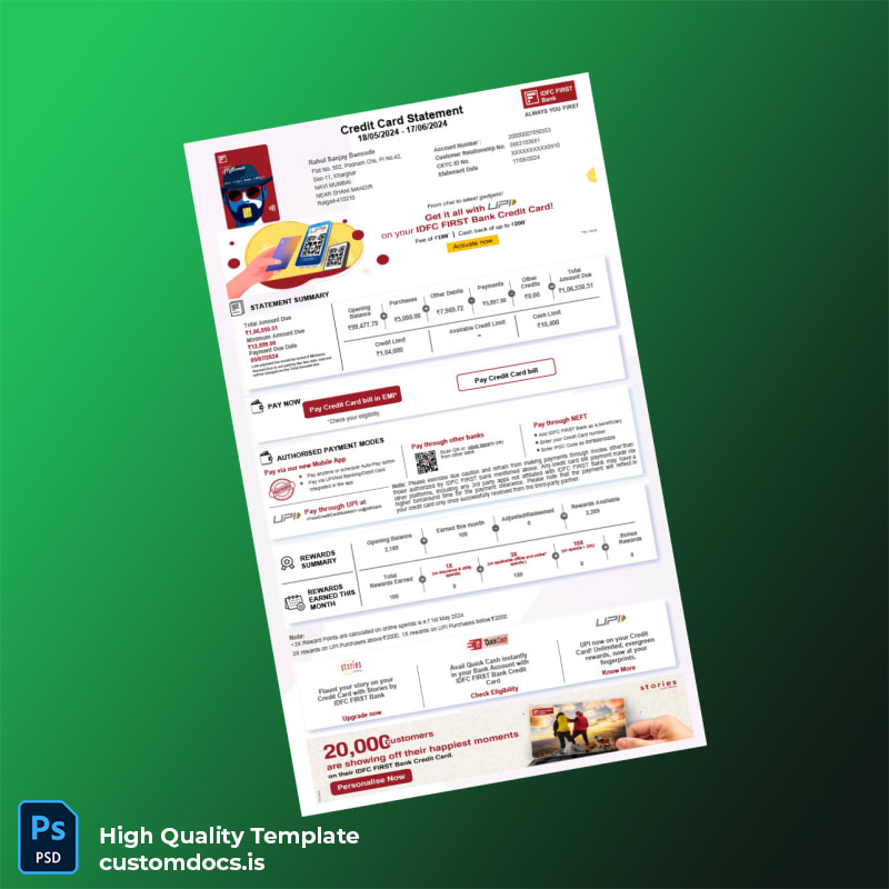 India IDFC FIRST Bank Editable Bank Statement Template in Word and PDF formats