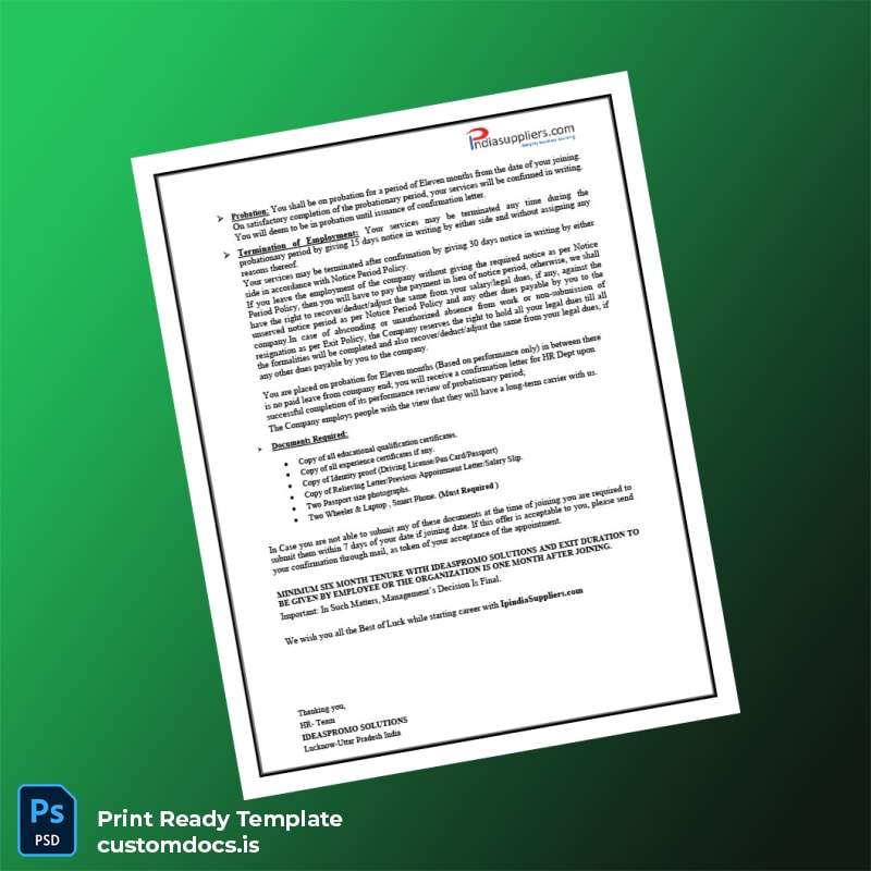 Custom India Ideaspromo Solutions Employment Verification Letter Template in Word and PDF formats page 2 File Preview - CustomDocs