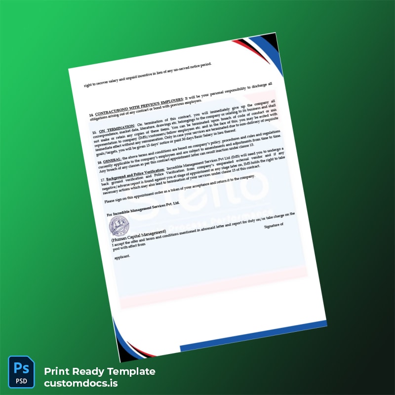 Custom India Incredible Management Services Pvt Ltd Employment Verification Letter Template in Word and PDF formats page 3 File Preview - CustomDocs