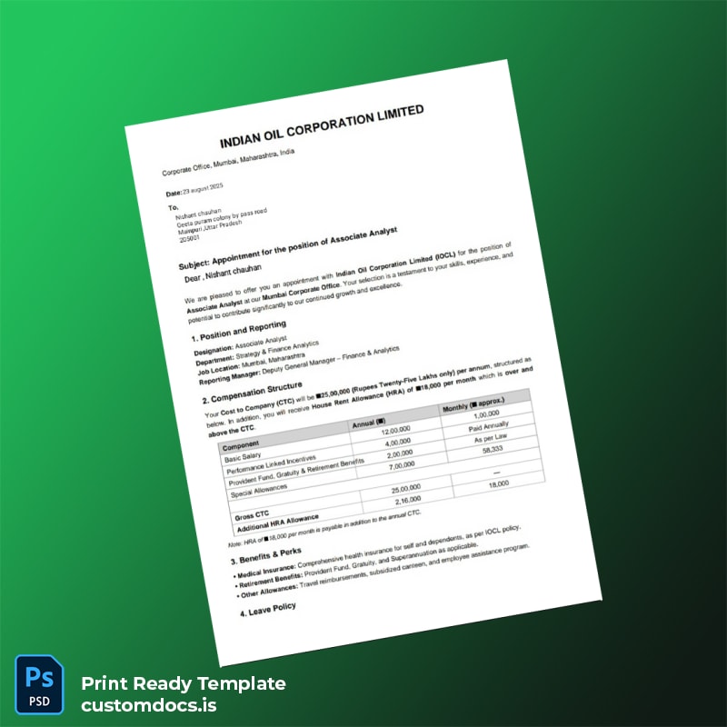 Custom India Indian Oil Corporation LTD Joining Letter Template in Word and PDF formats page 2 File Preview - CustomDocs