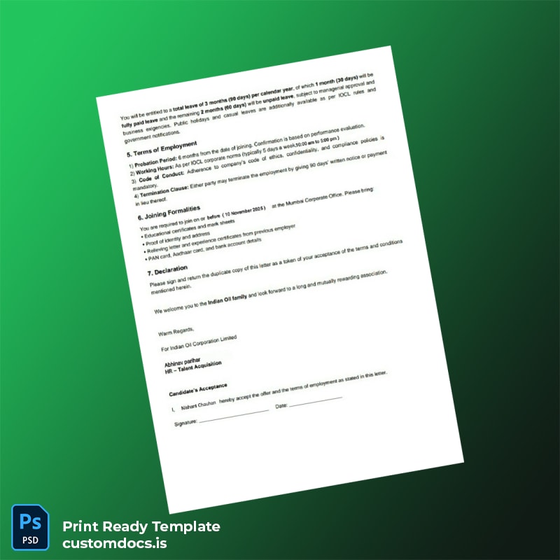 Custom India Indian Oil Corporation LTD Joining Letter Template in Word and PDF formats page 3 File Preview - CustomDocs