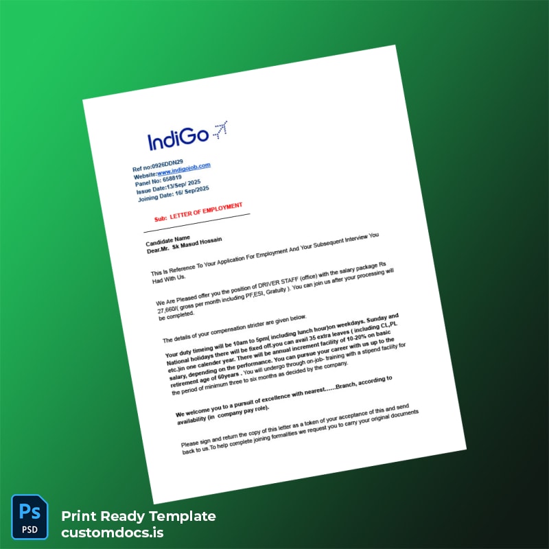 custom India Indigo Employment Verification Letter Template - Word & PDF File Preview - CustomDocs