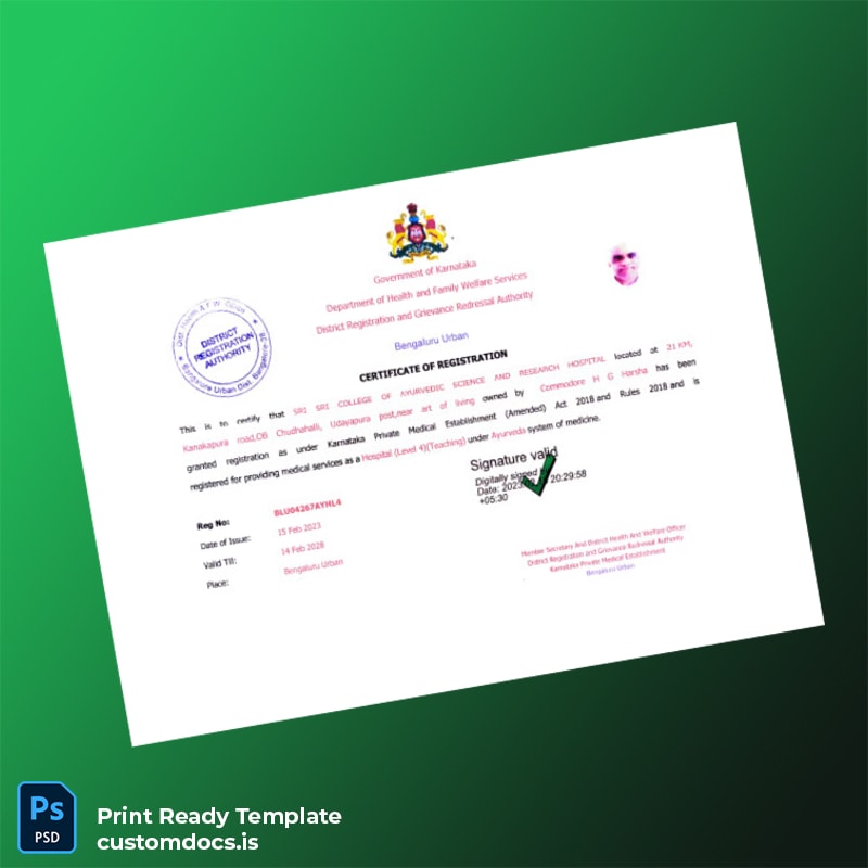 custom India Karnataka Hospital Registration Certificate Template - Word & PDF File Preview - CustomDocs