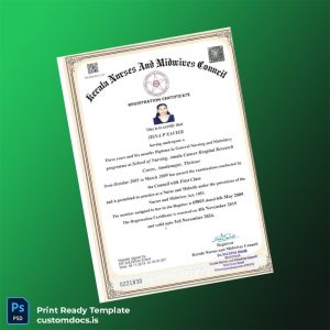 custom India Kerala Nurses and Midwives Council Registration Certificate Template - Word & PDF File Preview - CustomDocs