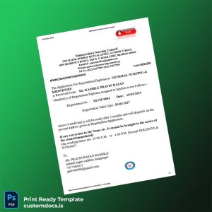customizable India Maharashtra Nursing Council Registration Certificate Template - Word & PDF File Preview