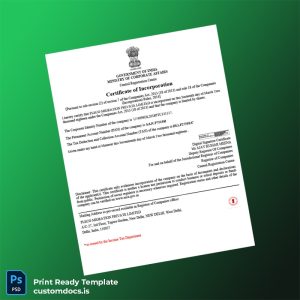 customizable India Ministry of Corporate Affairs Company Registration Certificate Template - Word & PDF File Preview