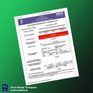 customizable India Ministry of Micro Small and Medium Enterprises MSME Registration Certificate Template - Word & PDF File Preview