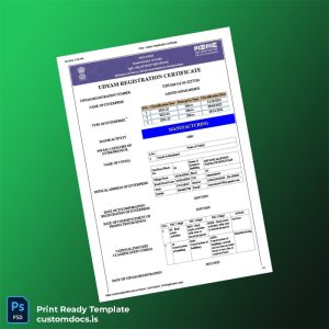 customizable India Ministry of Micro Small and Medium Enterprises Udyam Registration Certificate Template - Word & PDF File Preview