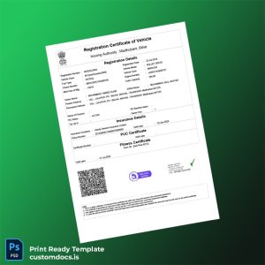 customizable India Ministry of Road Transport and Highways Vehicle Registration Certificate Template - Word & PDF File Preview
